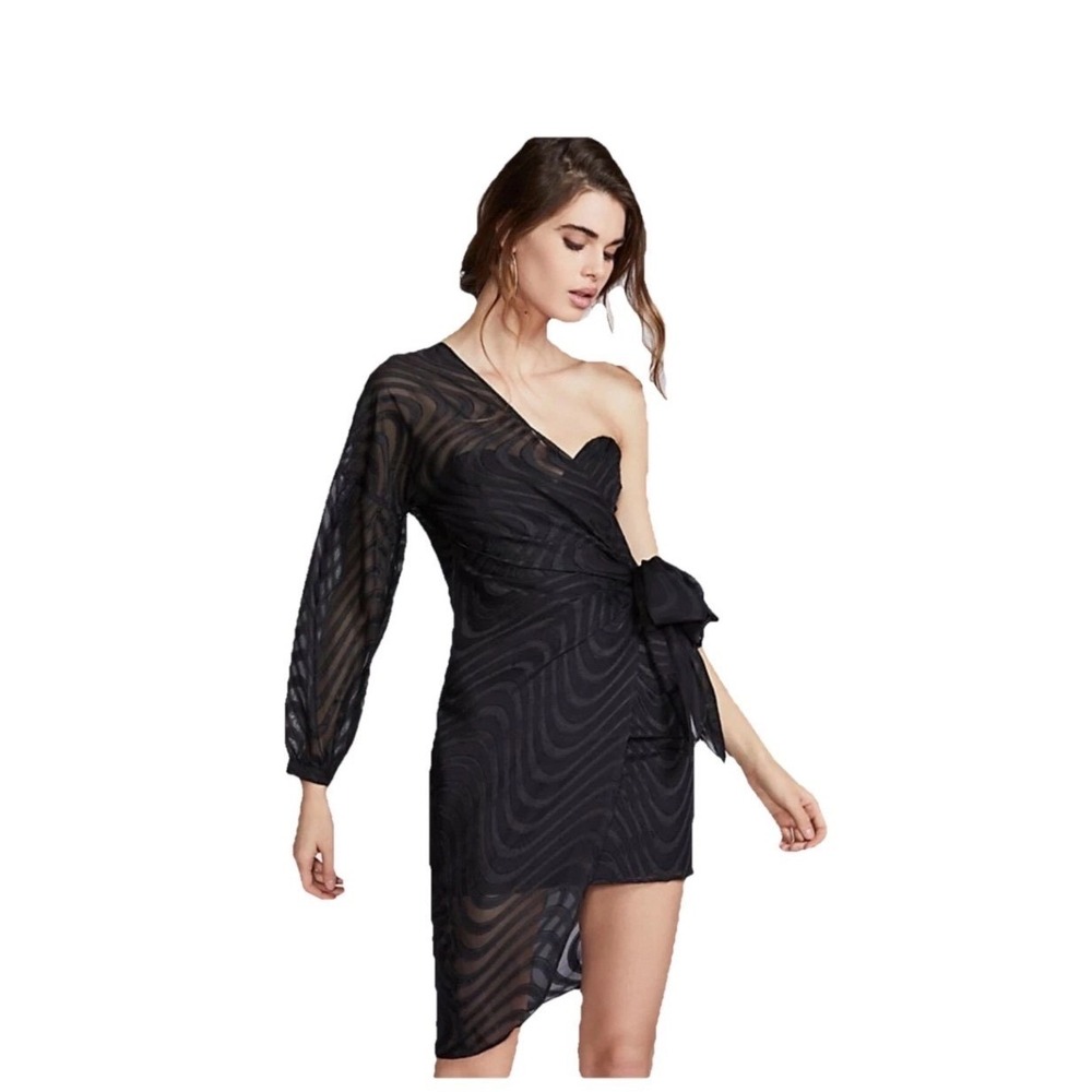Isla Womens Black One Shoulder Asymmetrical Mini Dress Sheer Sleeve Size S NEW